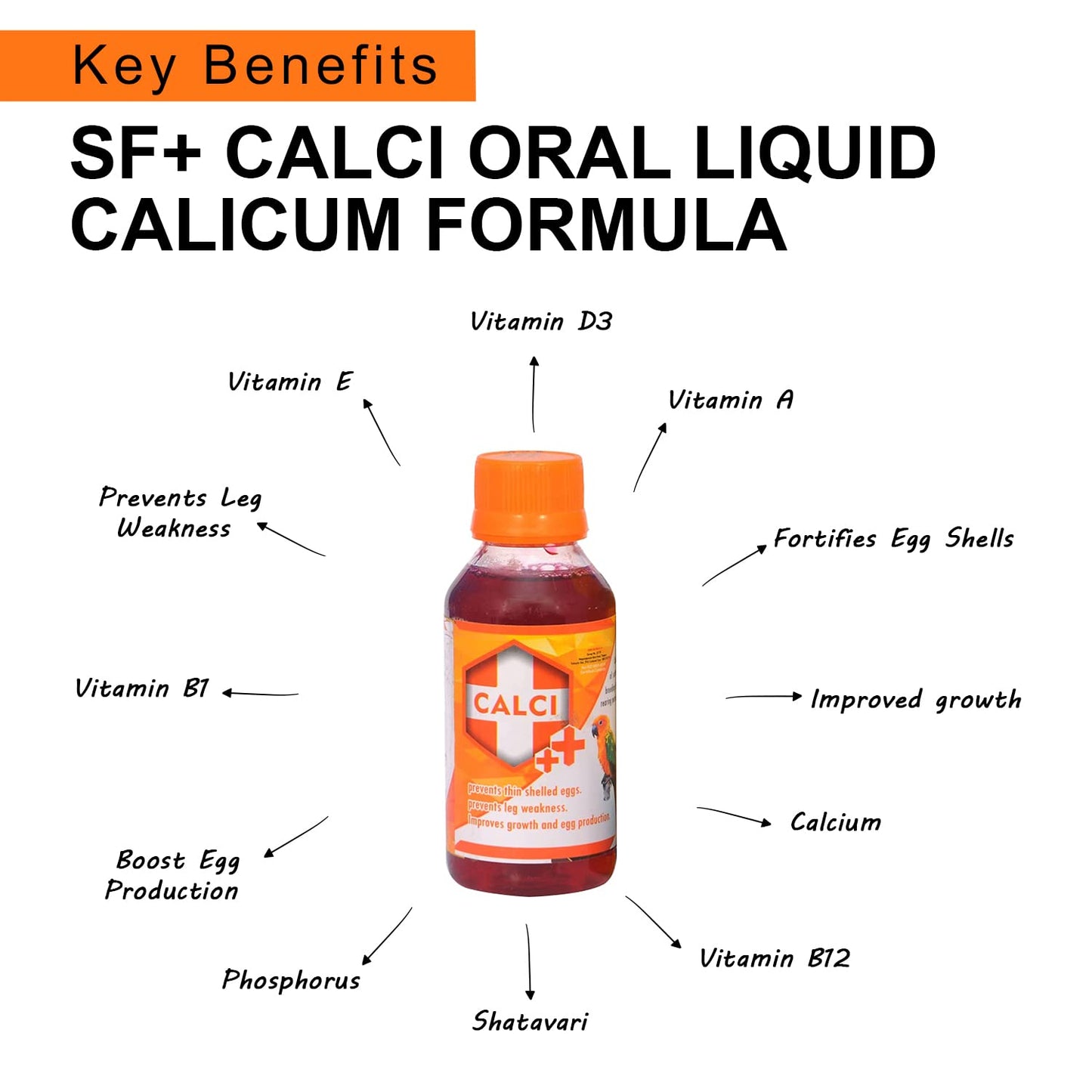 TUNAI SF+ Calci Plus|100ml|Prevents Thin Shelled Eggs,Stregthens Bones,Improves Growth & Egg Production,Also Aids in the explusion of Eggs For Birds