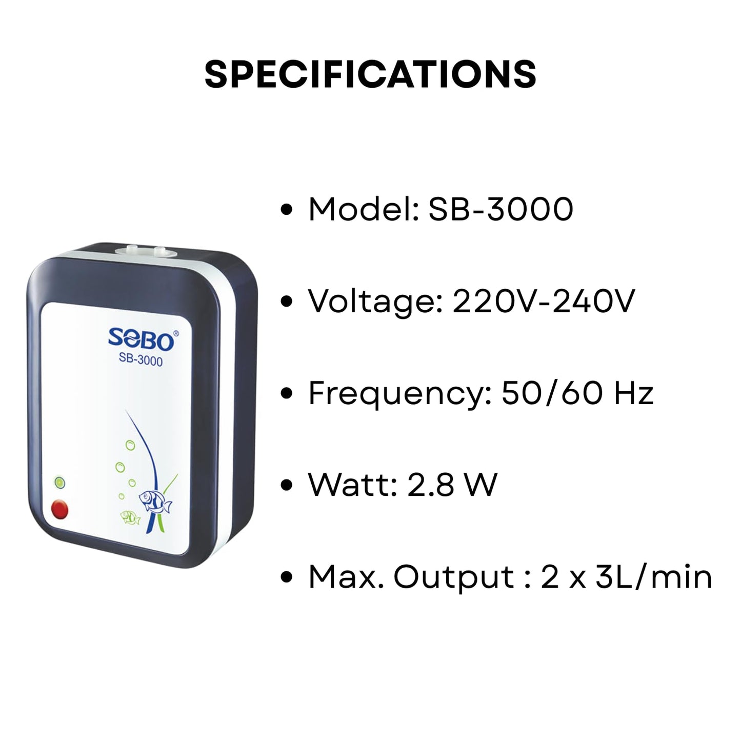 S0B0 SB-3000 Mini Air Pump for Aquarium Fish Tank | Super Quiet Design | AC/DC Auto Convert Pump for Aquarium | Power: 2.8W | F.Max: 2 x 3L/min | Original from Tunai Store