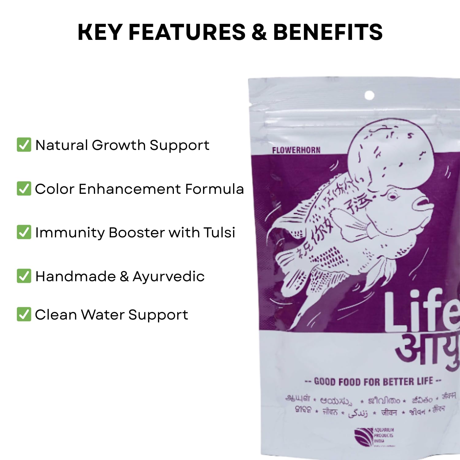 Life AAYU Flowerhorn Fish Food | Ayurvedic Growth & Color Booster Formula with Tulsi, Papaya & Red Paprika | for Juvenile and Adult Flowerhorns | (Small, 100gms)