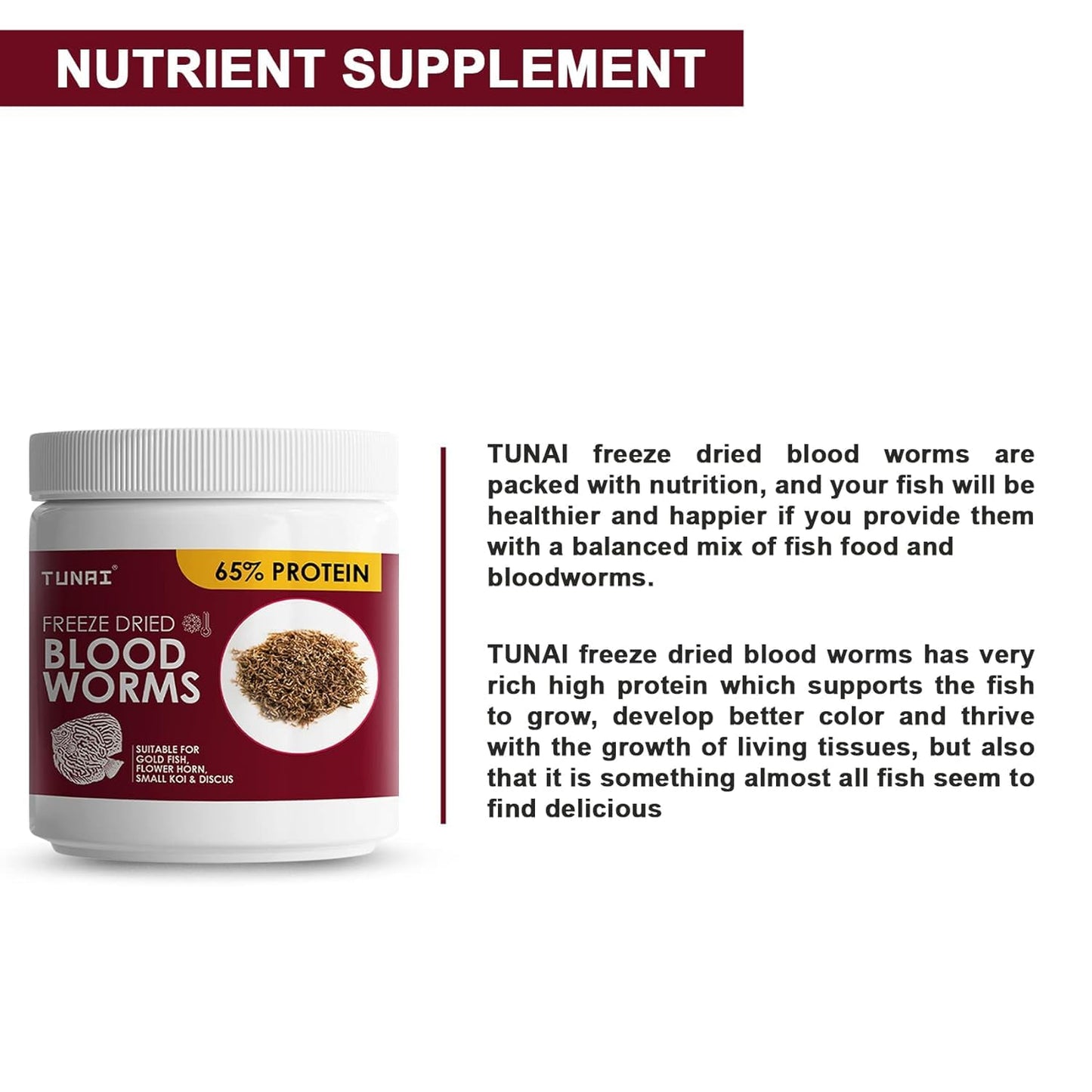 Tunai Superior Freeze Dried Blood Worms | 25g | Natural Fish Food for Tropical Fishes Like Arowana, Oscar, Gold Fish, Flowerhorn, and Discus with 65% Protein