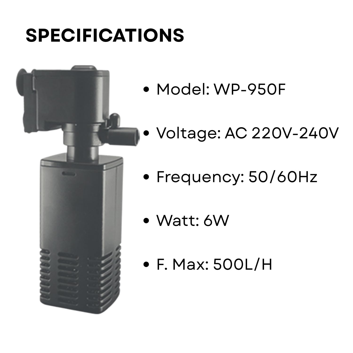 S0B0 WP-950F Internal Filter for Aquarium Fish Tank | Completely Submersible | Absorbs Dirt & Clean The Water | for Fresh & Marine Water Tank | Power:6W | F.Max: 500L/H | Original from Tunai Store