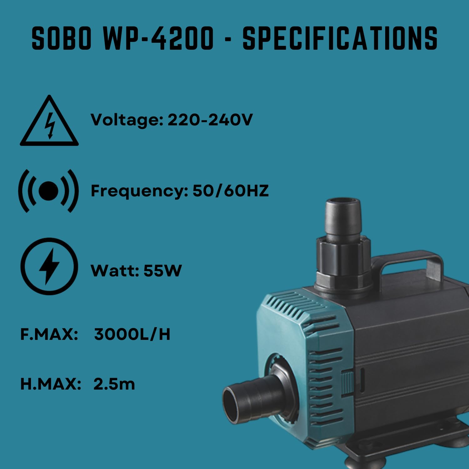 S0B0 WP-4200 Submersible Water Pump for Aquarium Fish Tank | Energy Saving & Environmental Friendly | for Marine and Fresh Water Aquariums | Power: 55W | F.Max: 3000L/H | Original from Tunai Store