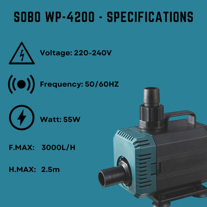 S0B0 WP-4200 Submersible Water Pump for Aquarium Fish Tank | Energy Saving & Environmental Friendly | for Marine and Fresh Water Aquariums | Power: 55W | F.Max: 3000L/H | Original from Tunai Store