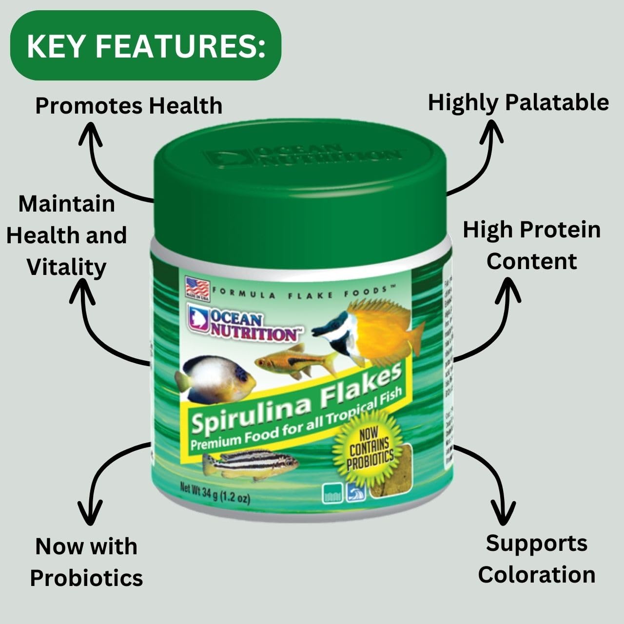 ON+ Spirulina Flakes Fish Food with Probiotics (Original from Tunai Store) | Premium Flake Food for All Tropical Fish (34gms, Flake)