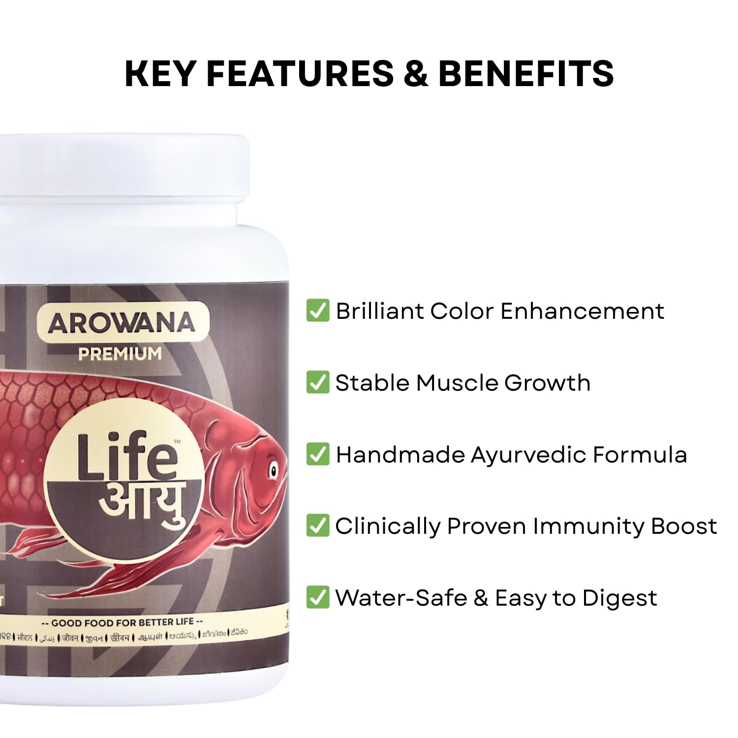 Life AAYU Arowana Premium Aquarium Fish Food | Handmade Ayurvedic Diet for Asian Arowanas | Color Boost, Muscle Growth & Immunity (450 GMS)