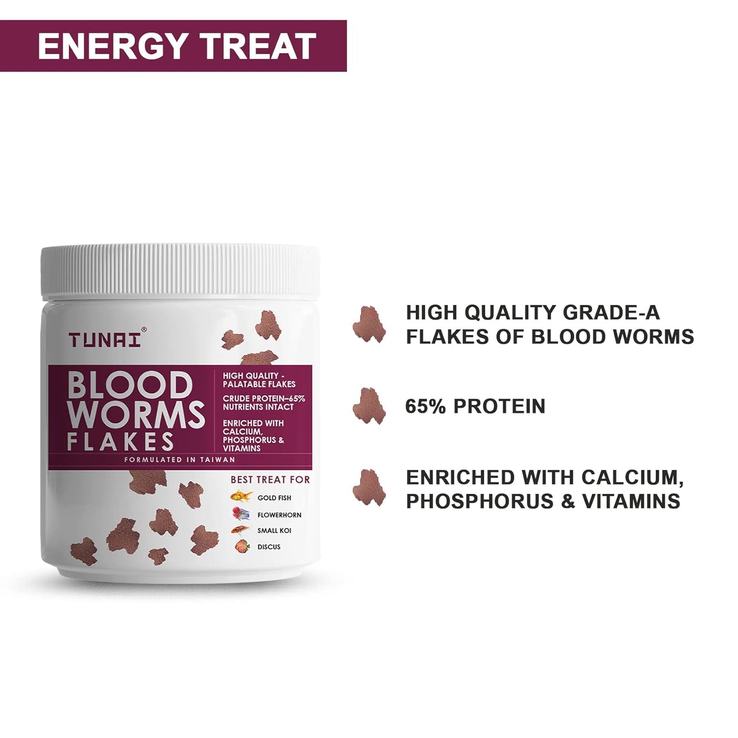 TUNAI Blood Worm Flakes with 55% Protein |50G| Supplement Treat, Boost Color and Fish Food for Gold Fish, Flowerhorn, Small Koi, & Discus, 1 Count
