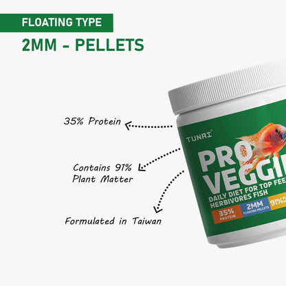 Tunai Pro Veg Fish Food for Adult Cichlids |100g| 2MM - Pellets, 91% Plant Matter| Suitable for All Top Feeding Herbivores Fish Food