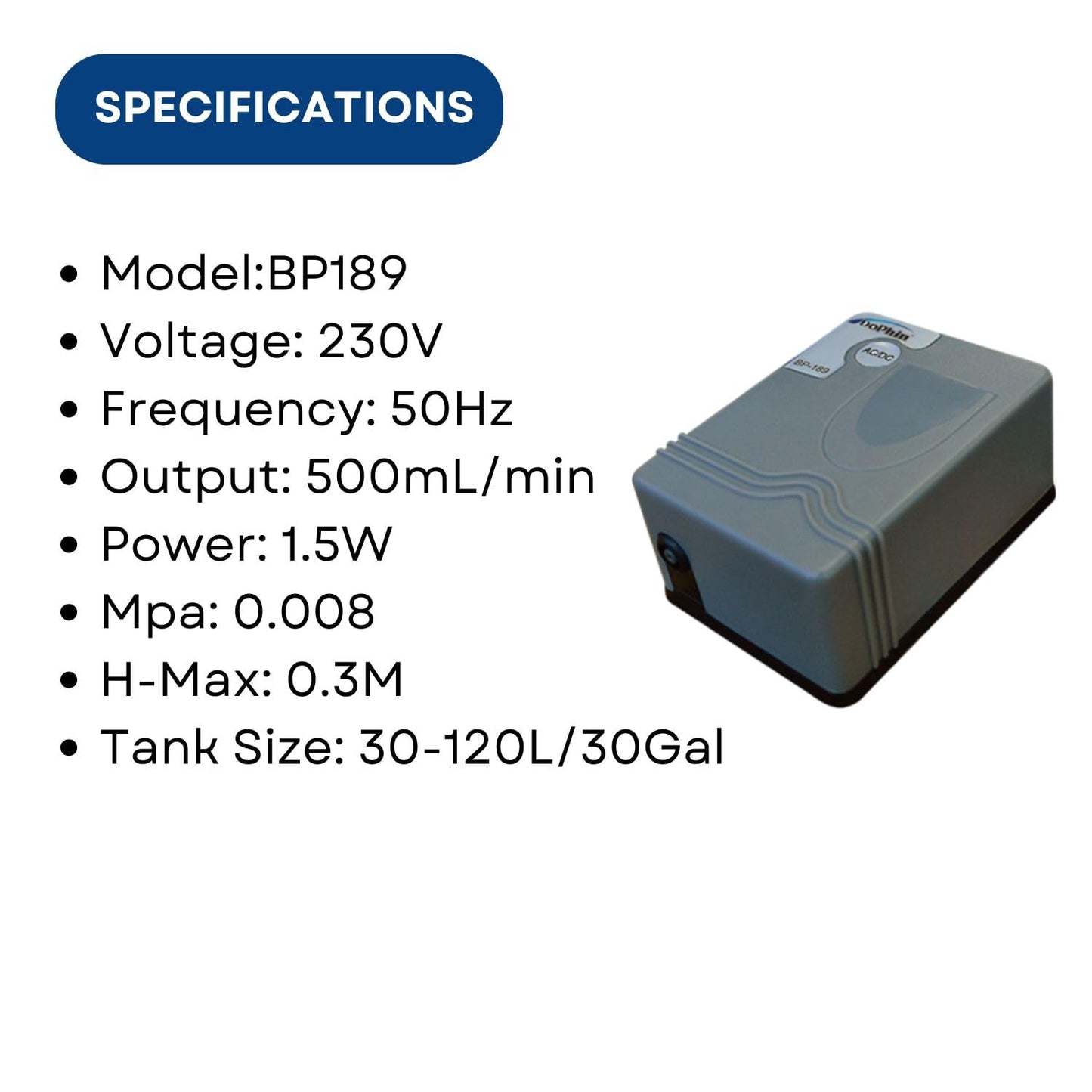 Dophin BP189 Air Pump |AC/DC Auto Convert Pump for Aquarium | Output: 500mL/min | Suitable for Fish Tank Size 30/120L | (Original from Tunai Store)