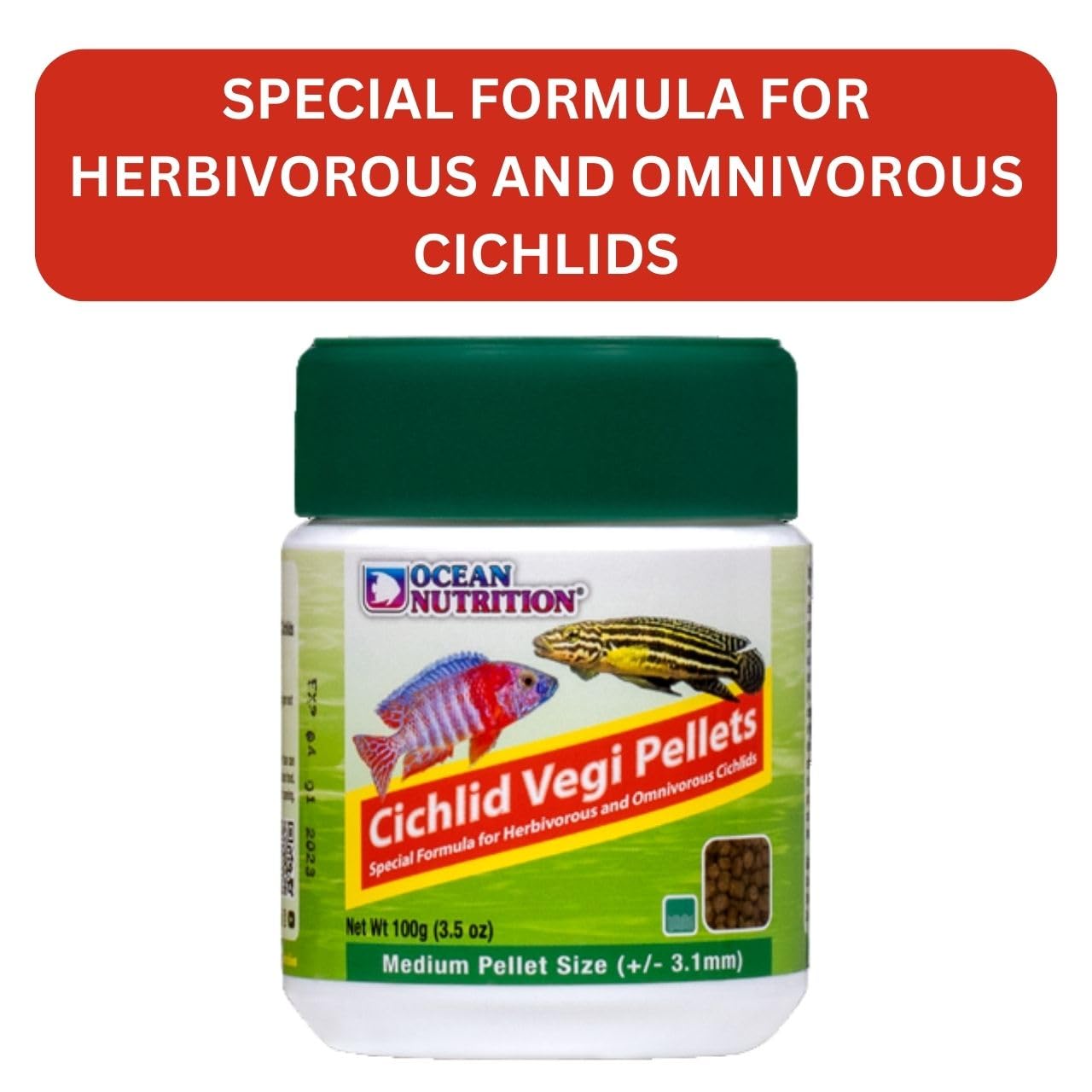 ON+ Cichlid Vegi Pellets Fish Food (Original from Tunai Store) | Special Formula for Herbivorous and Omnivorous Cichlids (100gms, Medium Pellets)