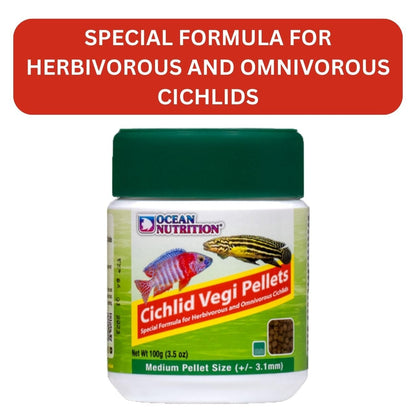 ON+ Cichlid Vegi Pellets Fish Food (Original from Tunai Store) | Special Formula for Herbivorous and Omnivorous Cichlids (100gms, Medium Pellets)