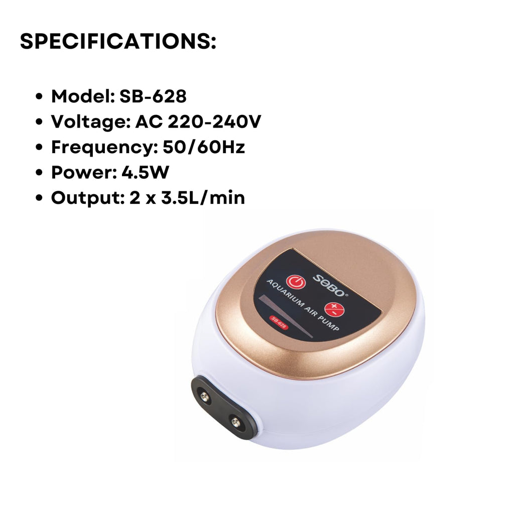 S0B0 SB-628 Air Pump for Aquarium Fish Tank | Adjustable Flow Rate | Dual Outlet | Power: 4.5W | F.Max: 2 x 3.5L/min | Original from Tunai Store