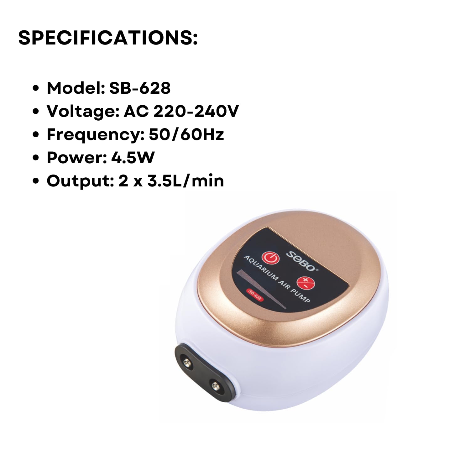 S0B0 SB-628 Air Pump for Aquarium Fish Tank | Adjustable Flow Rate | Dual Outlet | Power: 4.5W | F.Max: 2 x 3.5L/min | Original from Tunai Store