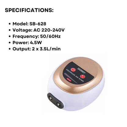 S0B0 SB-628 Air Pump for Aquarium Fish Tank | Adjustable Flow Rate | Dual Outlet | Power: 4.5W | F.Max: 2 x 3.5L/min | Original from Tunai Store