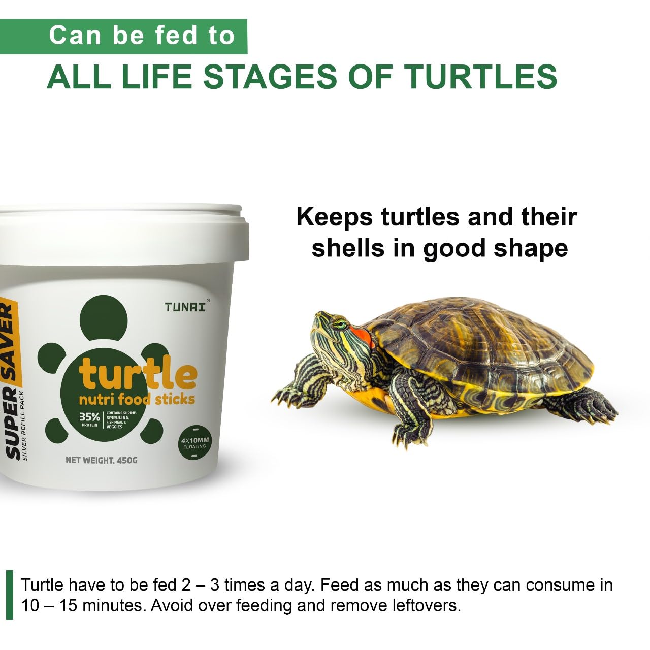 TUNAI Super Saver Adult Turtle Food Spirulina Added Stick for Good Shell Health & Daily Diet |450G| for Red-Eared, Musk, Mud, Cooter Turtle and Land Tortoise