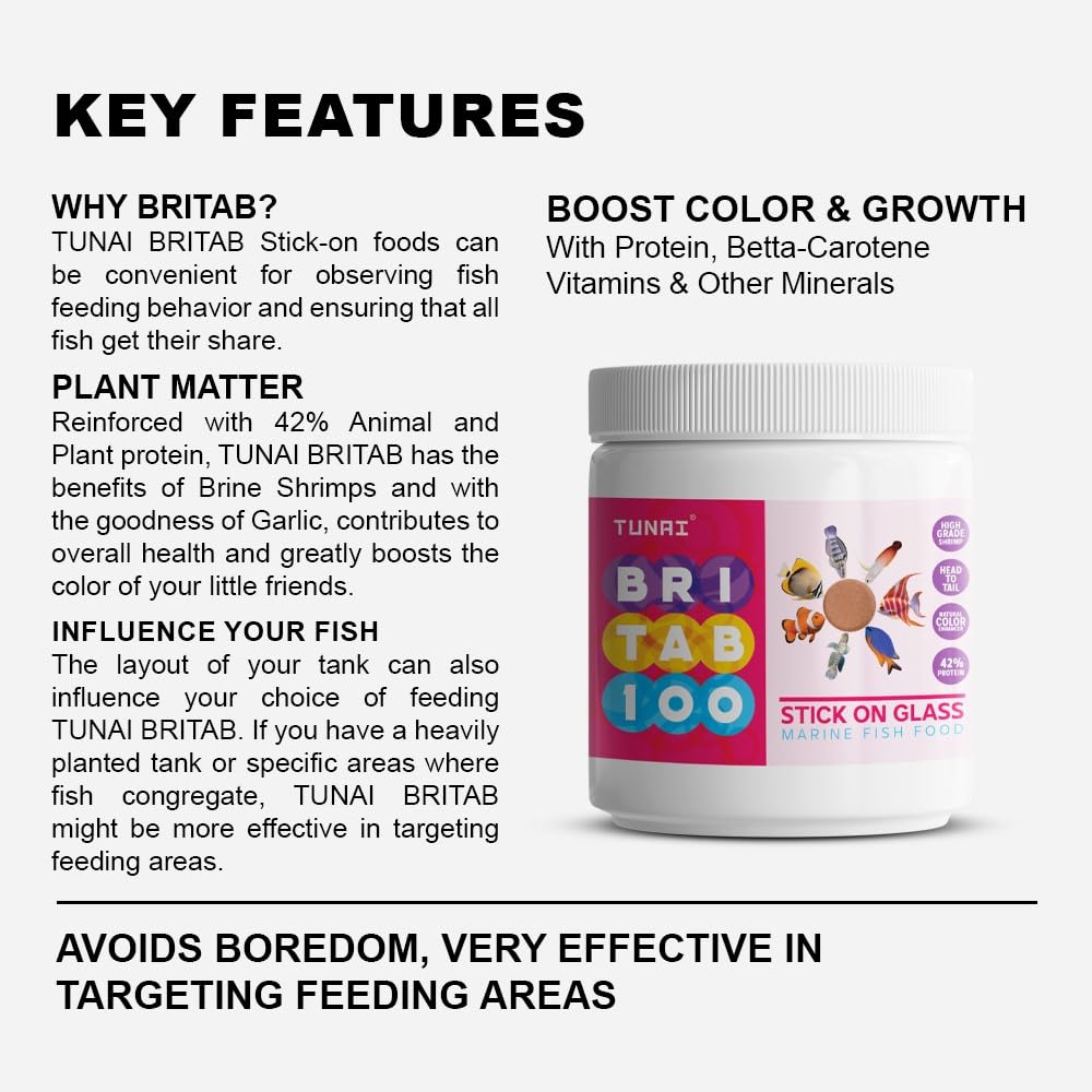 TUNAI BRITAB Stick-On Glass | 42% Protein | 100g | Perfect Marine Fish Food for Clownfish or Nemo, Dory, Angelfish, Butterflyfish, Lionfish, Yellowtail, Stingray & Others