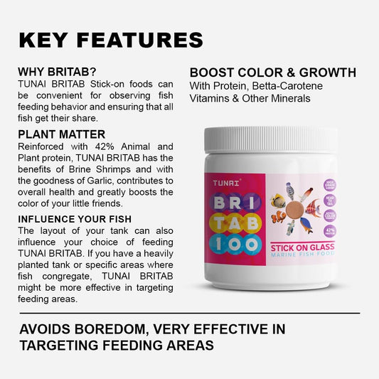 TUNAI BRITAB Stick-On Glass | 42% Protein | 100g | Perfect Marine Fish Food for Clownfish or Nemo, Dory, Angelfish, Butterflyfish, Lionfish, Yellowtail, Stingray & Others