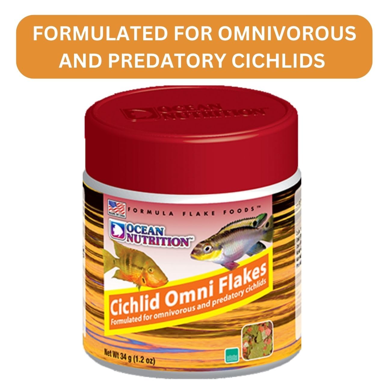 ON+ Cichlid Omni Flakes Fish Food (Original from Tunai Store) | Formulated for Omnivorous and Predatory Cichlids (34gms, Flakes)
