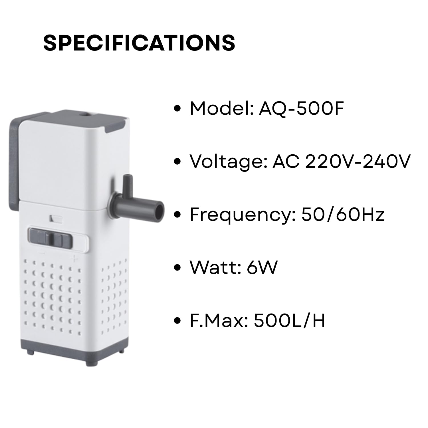 S0B0 AQ-500F Internal Filter for Aquarium Fish Tank | Powerful Water Circulation | Strong and Consistent Flow | Completely Submersible | Power: 6W | F.Max: 500L/H | Original from Tunai Store