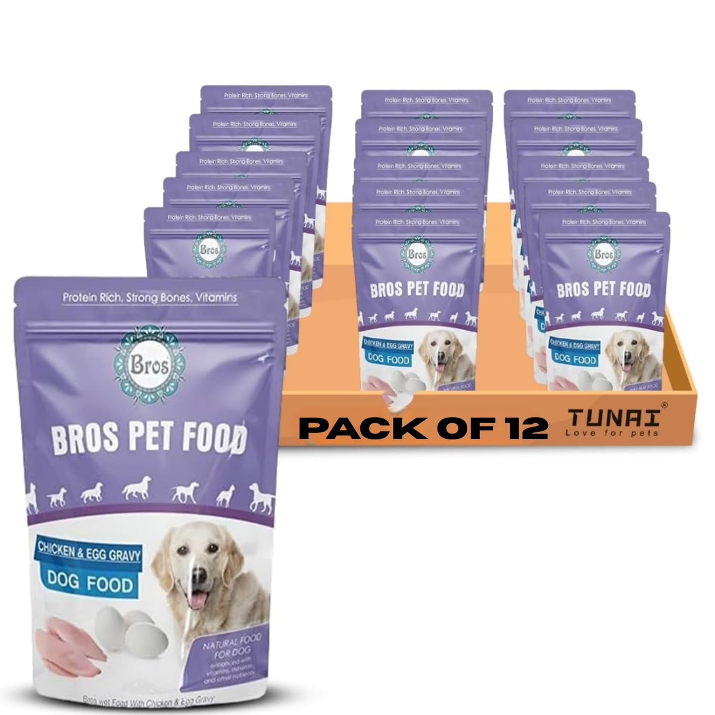 SF+ Bros Pet Dog Food | Pack of 12 | Natural Food for Dogs | Enhanced with Vitamins, Minerals and Other Nutrients (80gms, Chicken and Egg)