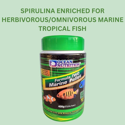 ON+ Formula Two Marine Pellets Fish Food (Original from Tunai Store) | Spirulina Enriched for Herbivorous/Omnivorous Marine Tropical Fish (400gms, Small Pellets)