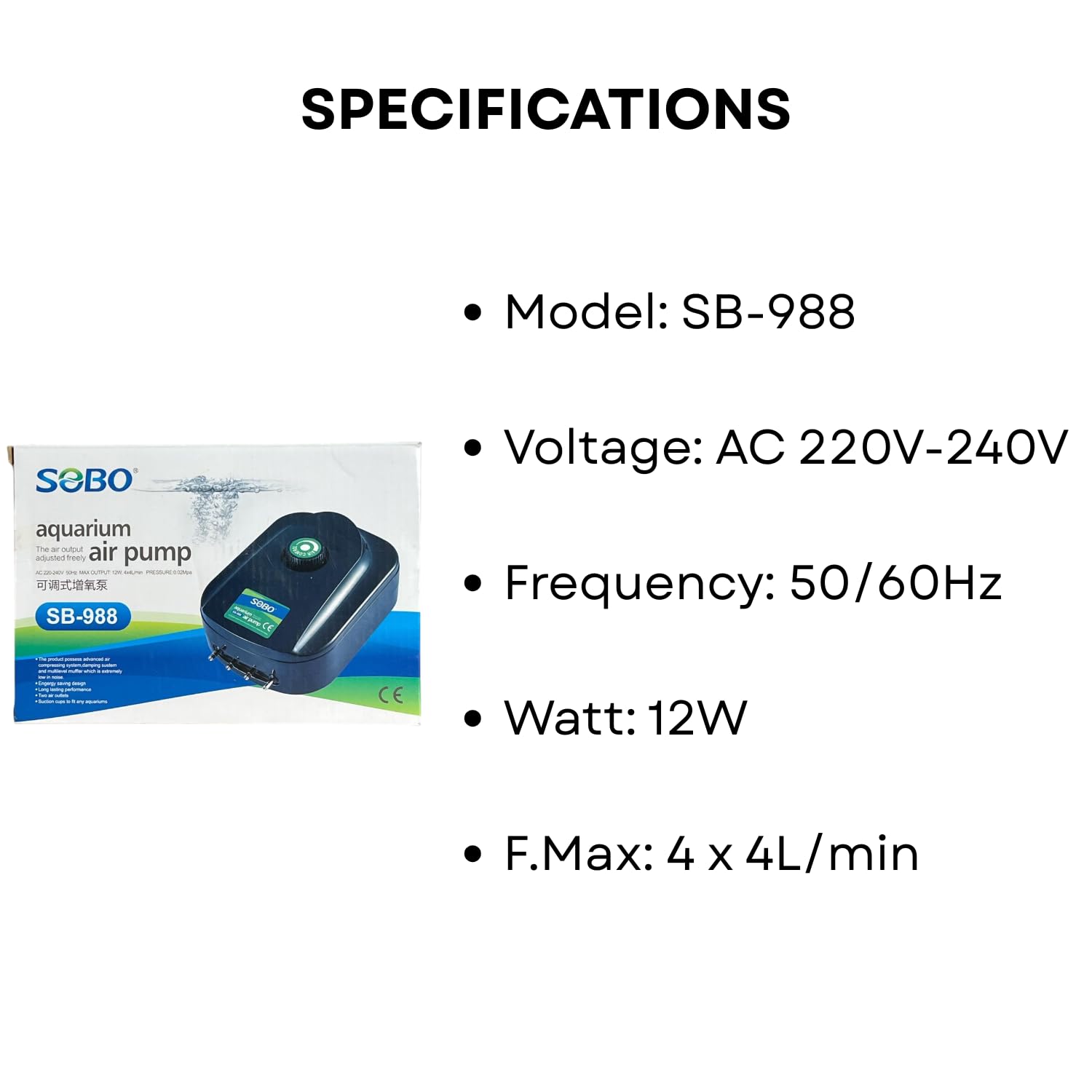 S0B0 SB-988 Air Pump for Aquarium Fish Tank | Minimal Noise Output and Vibration | 4-Way Air Pump | Adjustable Flow Rate | Power: 12W | F.Max: 4 x 4L/min | Original from Tunai Store