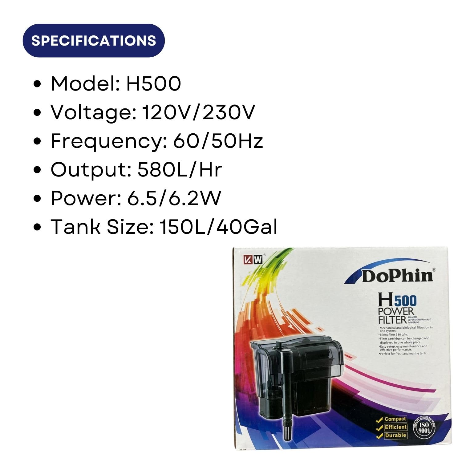 Dophin H500 Hanging Power Filter for Aquarium Fish Tank | Mechanical and Biological Filtration in One System | Output: 580/580L/H | Suitable for Tank Size 150L | (Original from Tunai Store)