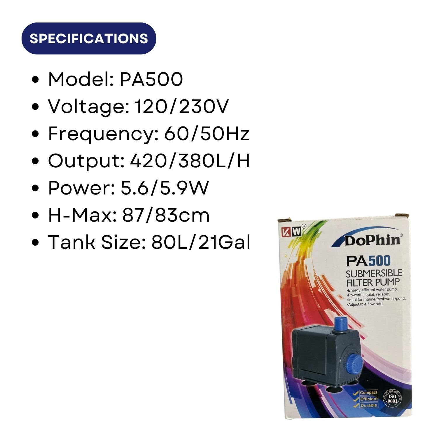 Dophin PA500 Submersible Filter Pump for Aquarium Fish Tank | Energy Efficient | Ideal for Marine/Fresh Water Fish Tank | Output: 420/380L/H | Suitable for Tank Size 80L | (Original from Tunai Store)