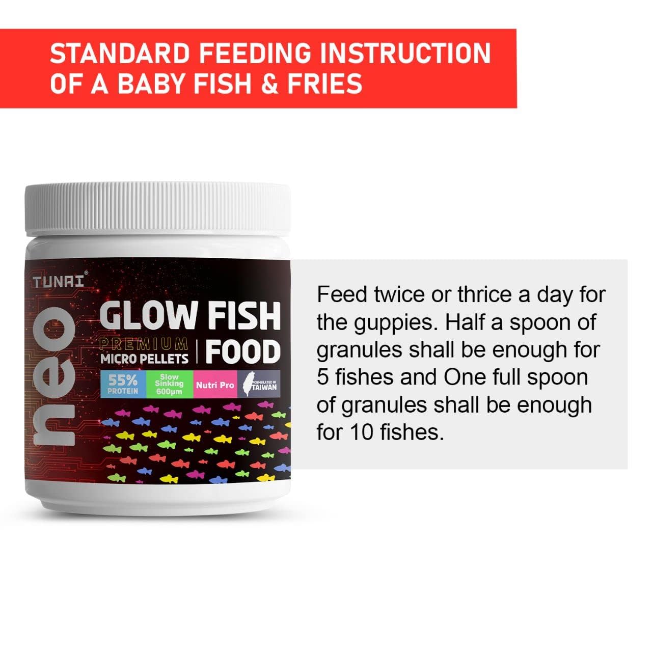 Tunai Glow Widow Fish Food | 100g | 55% Protein for Growth| 600 Microns Slow Sinking Aquarium Guppy Food (100g - 600 microns Granules)
