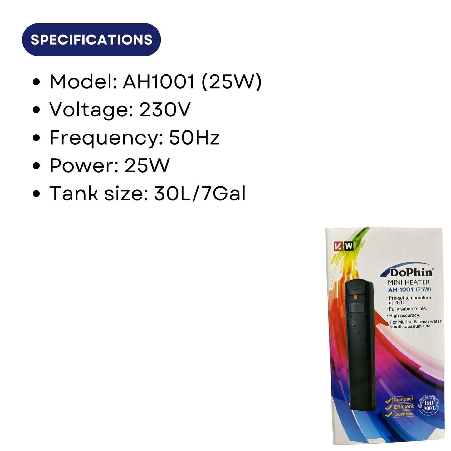 Dophin AH1001 25W Submersible Mini Heater | Fully Submersible | Suitable for Both Fresh and Marine Water | Suitable for Tank Size 30L | (Original from Tunai Store)