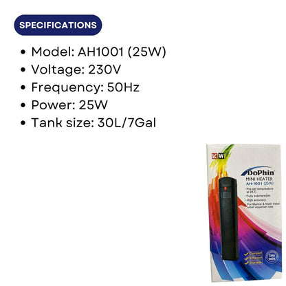 Dophin AH1001 25W Submersible Mini Heater | Fully Submersible | Suitable for Both Fresh and Marine Water | Suitable for Tank Size 30L | (Original from Tunai Store)