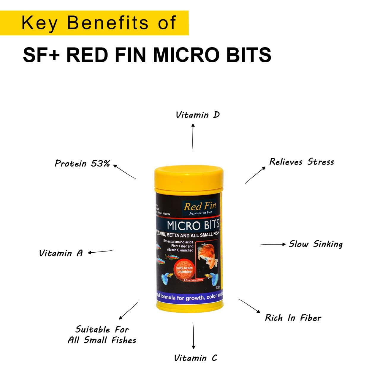 SF+ Red Fin Micro Bits | 100g | Fish Food Fortified with 53% High Protein for All Medium and Adult Sized Tetra, Guppy, Barb, Betta and Other Small Fish Breeds