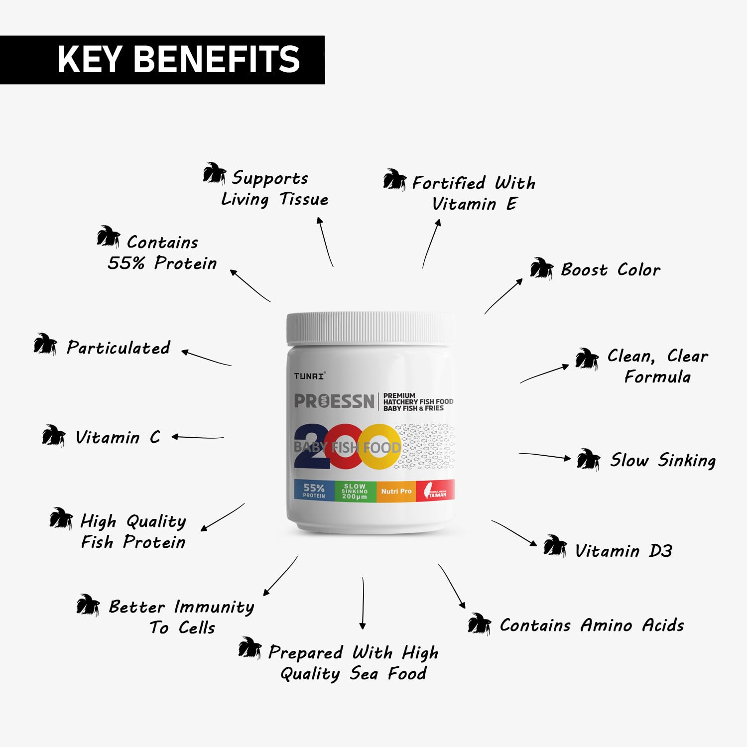 TUNAI Baby Frys Fish Food for 10 Days Old New Born Fish |35G| 55% Protein Granules of Slow Sinking 200 Microns, Best for Fast Growth and Strong Bones, 1 Count