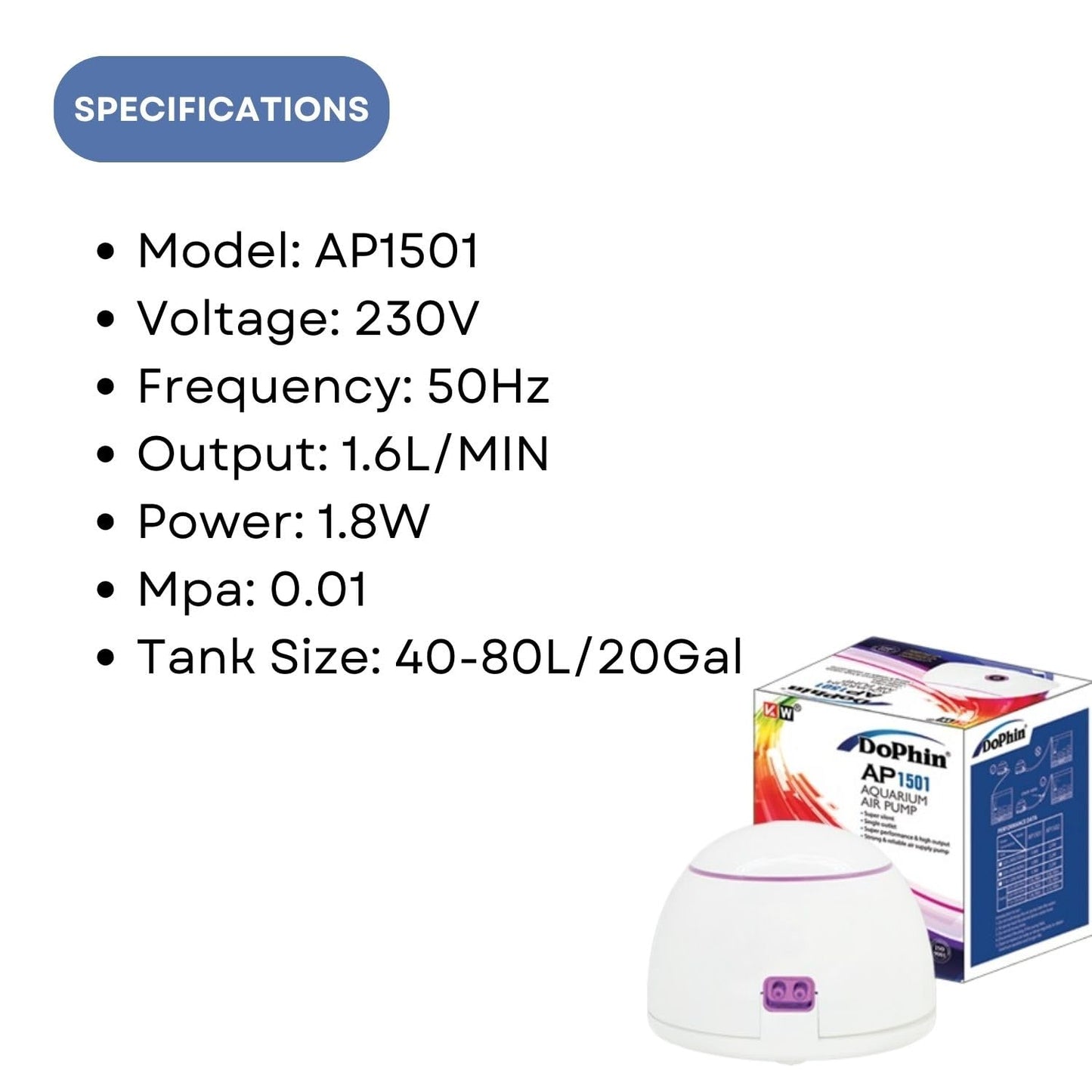 Dophin AP1501 Air Pump for Aquarium | Single Outlet | Output: 1.6L/min | Suitable for Fish Tank Size 40-80L | (Original from Tunai Store)