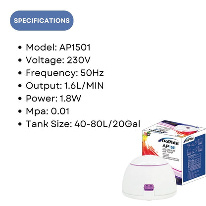 Dophin AP1501 Air Pump for Aquarium | Single Outlet | Output: 1.6L/min | Suitable for Fish Tank Size 40-80L | (Original from Tunai Store)
