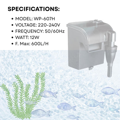 TUNAI S0B0 WP-607H Hanging Filter for Aquarium Fish Tank | Mechanical, Chemical and Biological Filtration | Ideal for Freshwater & Marine Water Tank | Power: 12W | F.Max: 600L/H