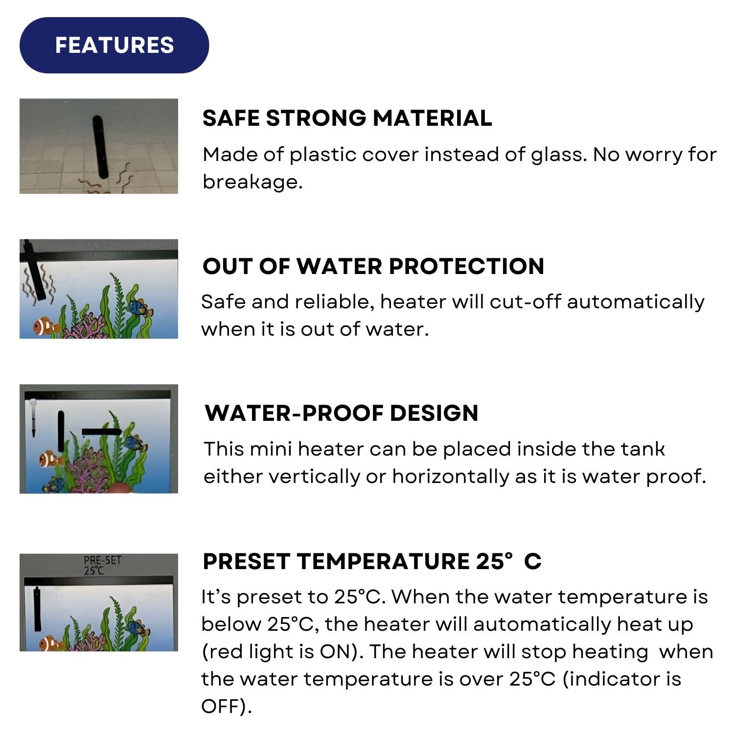 Dophin AH1001 25W Submersible Mini Heater | Fully Submersible | Suitable for Both Fresh and Marine Water | Suitable for Tank Size 30L | (Original from Tunai Store)