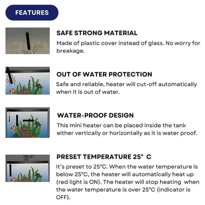 Dophin AH1001 25W Submersible Mini Heater | Fully Submersible | Suitable for Both Fresh and Marine Water | Suitable for Tank Size 30L | (Original from Tunai Store)