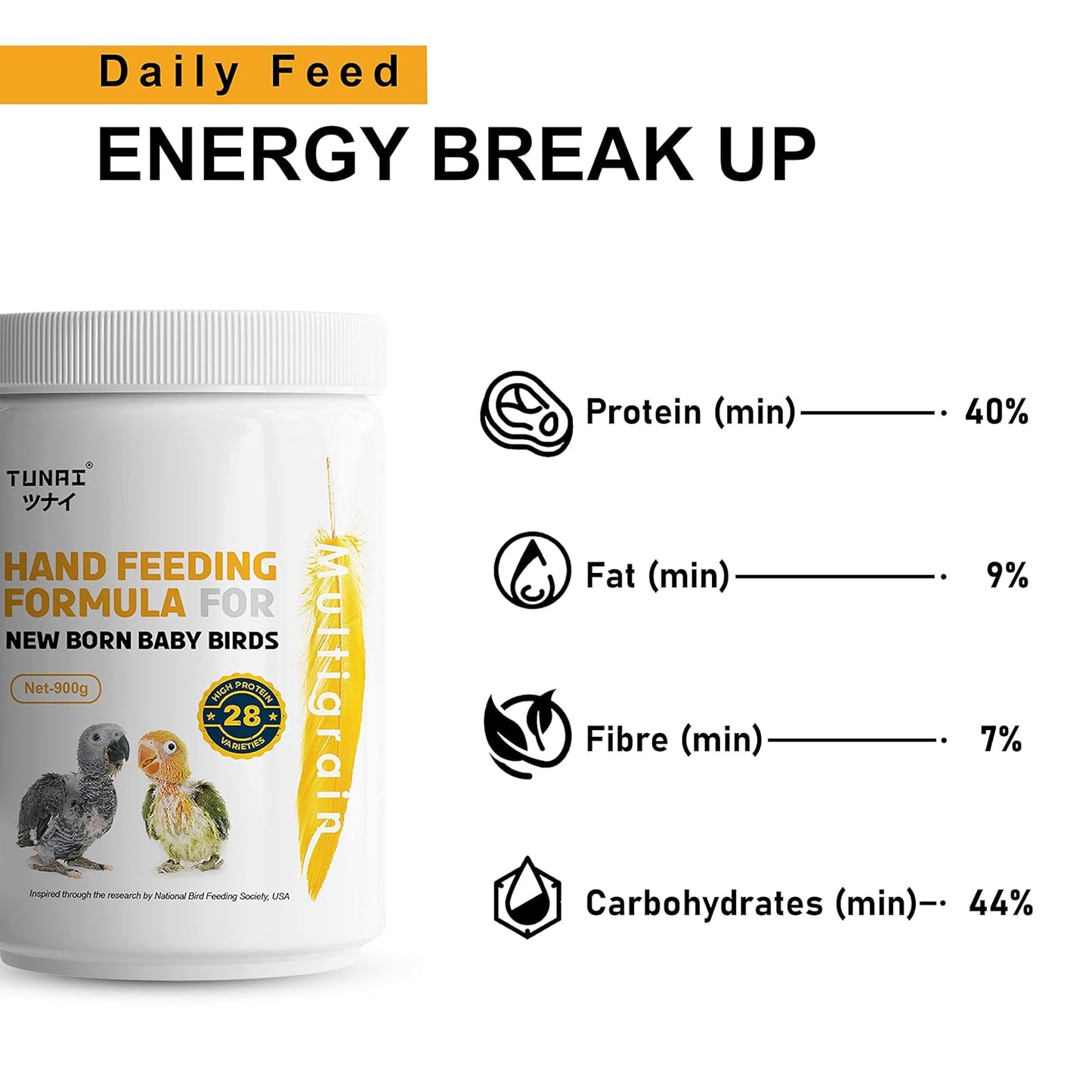 TUNAI Hand Feeding Formula for All New Born Baby Birds | 900G | Essential for Your Baby Bird - Rich in Calcium and Protein, Suitable for All Birds, Powder