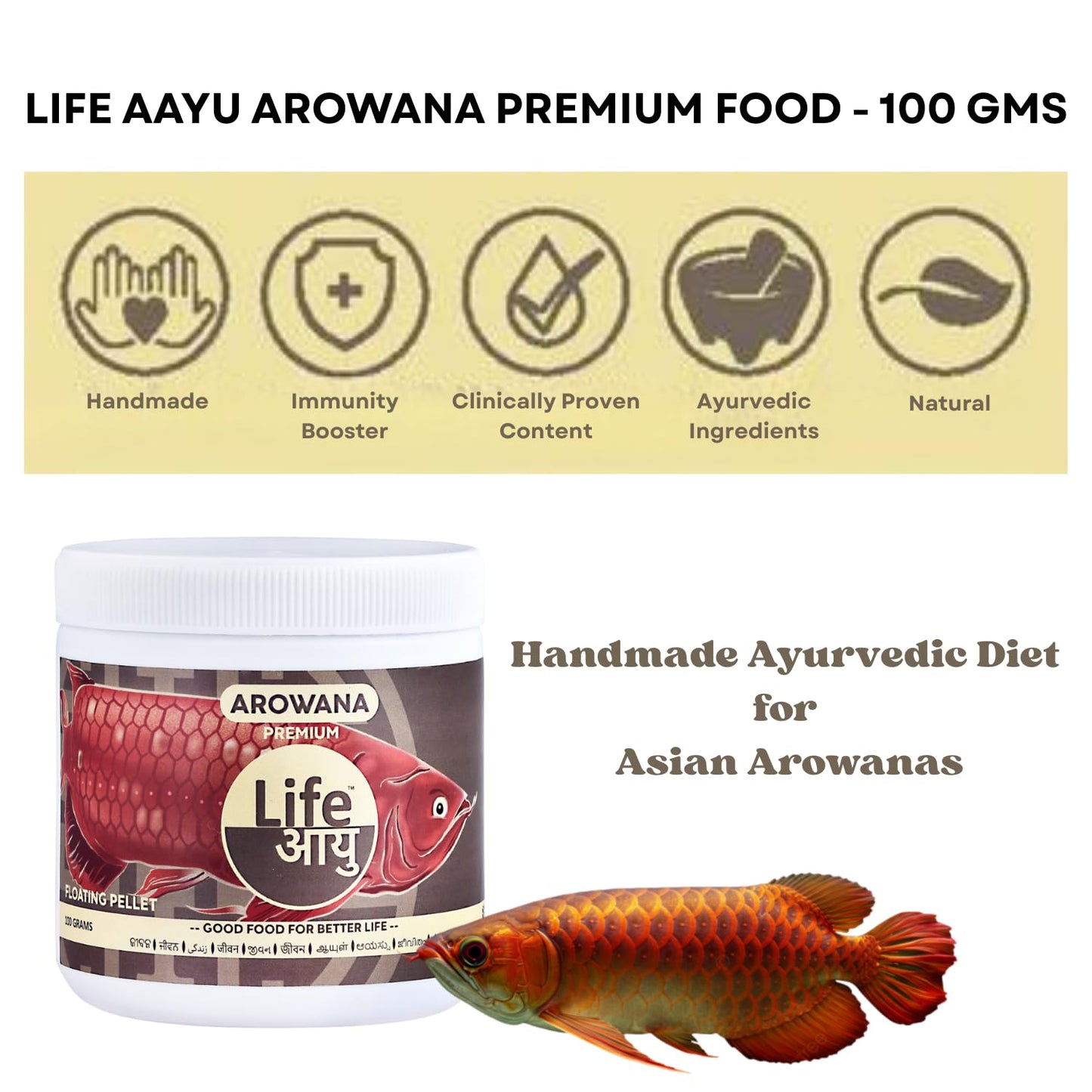 Life AAYU Arowana Premium Aquarium Fish Food | Handmade Ayurvedic Diet for Asian Arowanas | Color Boost, Muscle Growth & Immunity (100 GMS)