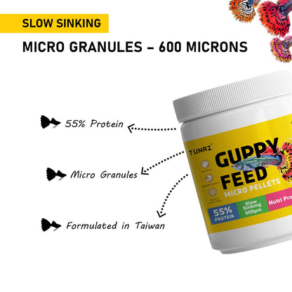 Tunai Guppy Fish Food with 55% Protein| 40g |600 Microns - Floating Micro Pellets| Guaranteed Tail Color Enhancement for Guppies, Taiwan Formula