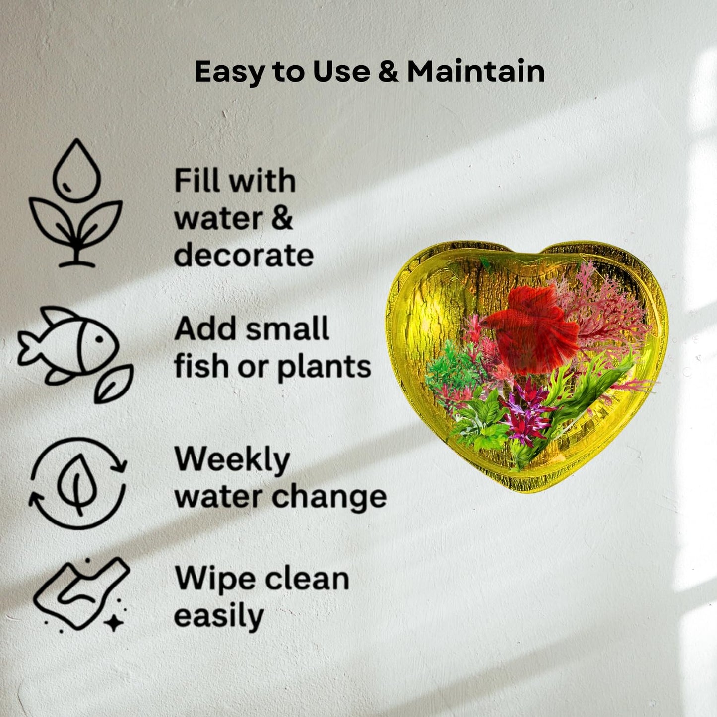 Wall Mount 12-inch Yellow Heart Shape Fish Bowl – Without Stand | Modern Aquarium for Home, Office & Café Décor | Space Saving Design | Elegant Fish Tank & Plant Terrarium | Compact Design