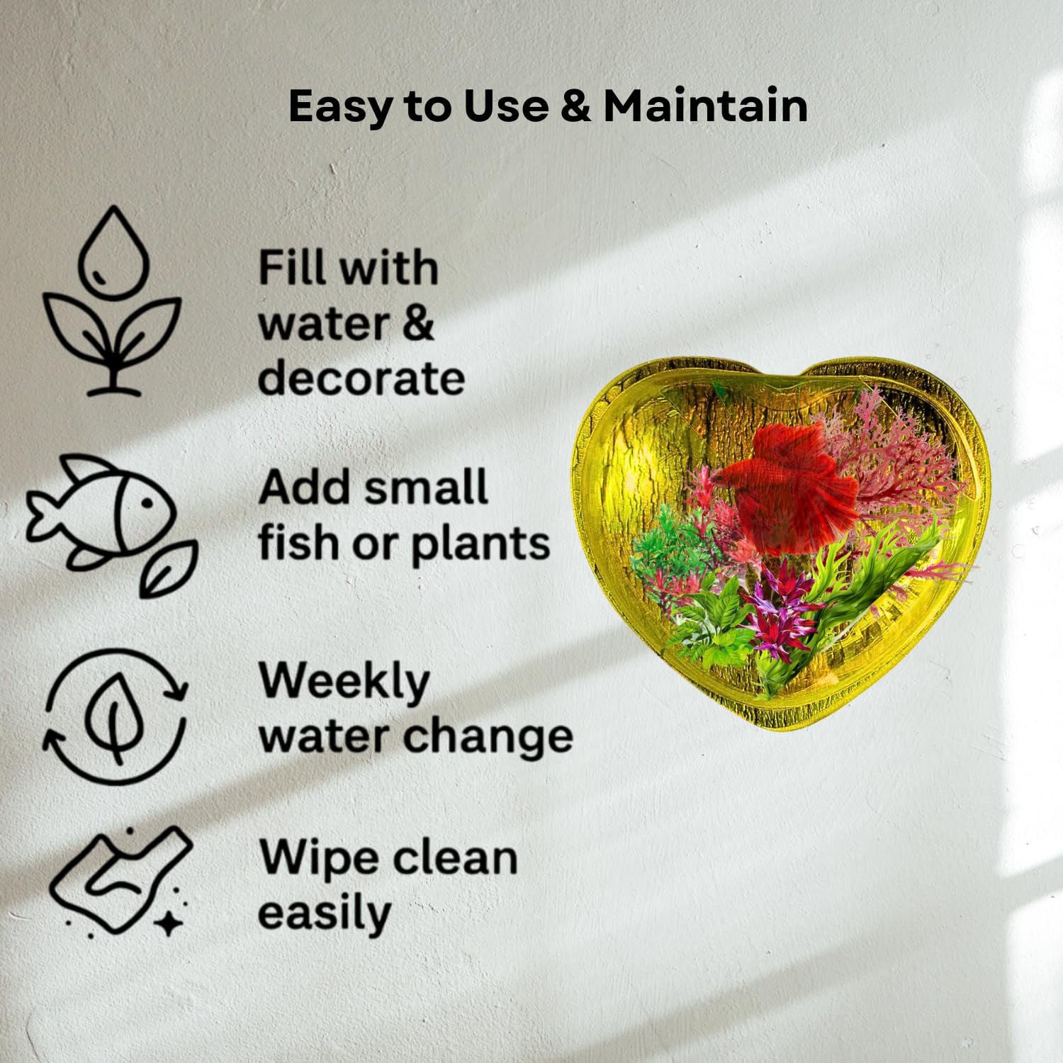 Wall Mount 15-inch Yellow Heart Shape Fish Bowl – Without Stand | Modern Aquarium for Home, Office & Café Décor | Space Saving Design | Elegant Fish Tank & Plant Terrarium | Compact Design