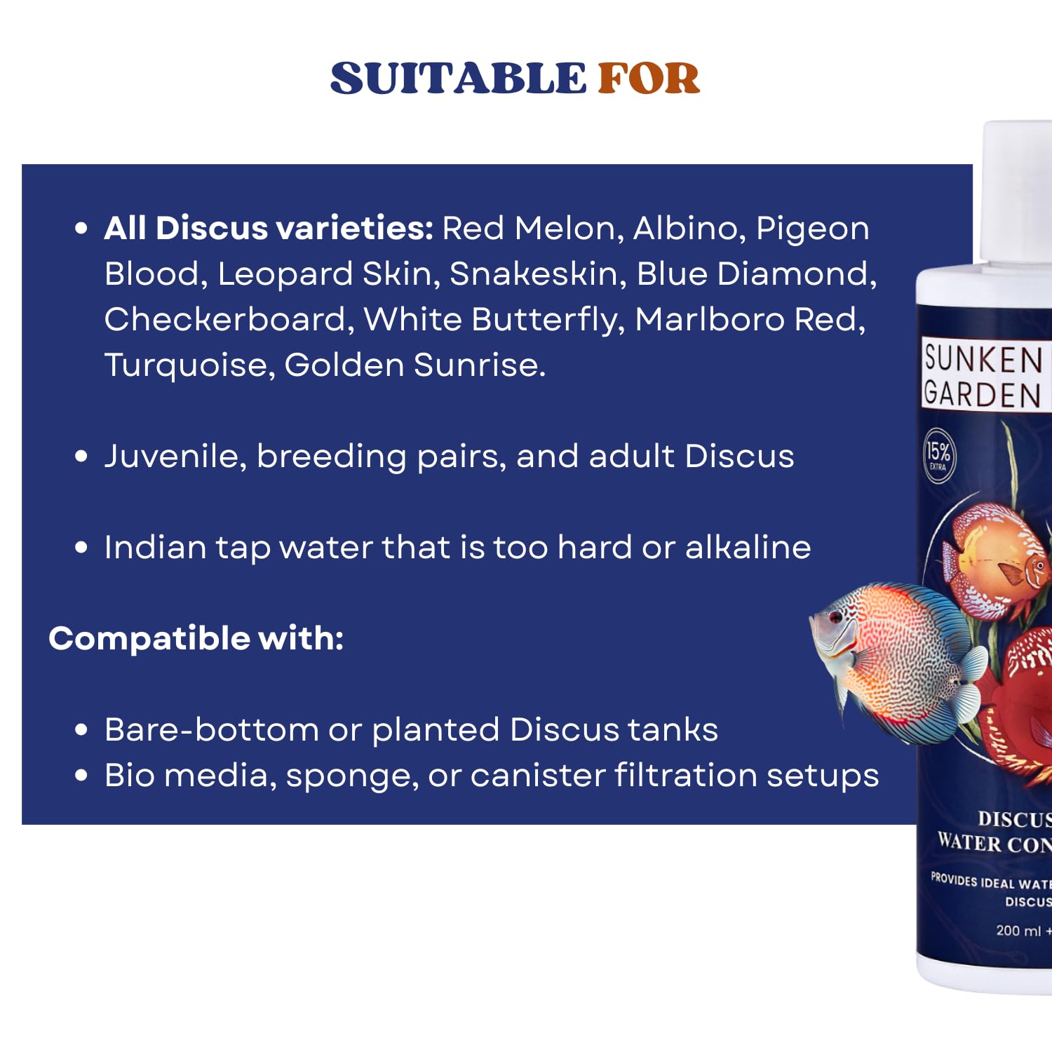 Sunken Garden Discus Fish Water Conditioner | Specialized Habitat Care for Discus Fish | Soft Water + Stress Relief + Fluke Control (200 ml + 30 ml)