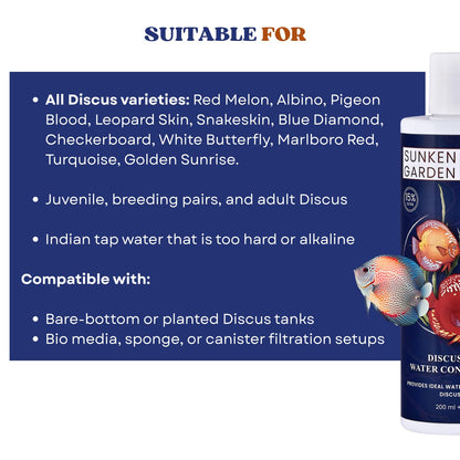 Sunken Garden Discus Fish Water Conditioner | Specialized Habitat Care for Discus Fish | Soft Water + Stress Relief + Fluke Control (200 ml + 30 ml)