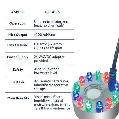 S0B0 M-10L Mist Maker for Aquarium Fish Tank | Produces a Natural White Mist | 20mm Ceramic Disc | Lamps with 12 LED by Combining Blue, Green and Red | Original from Tunai Store
