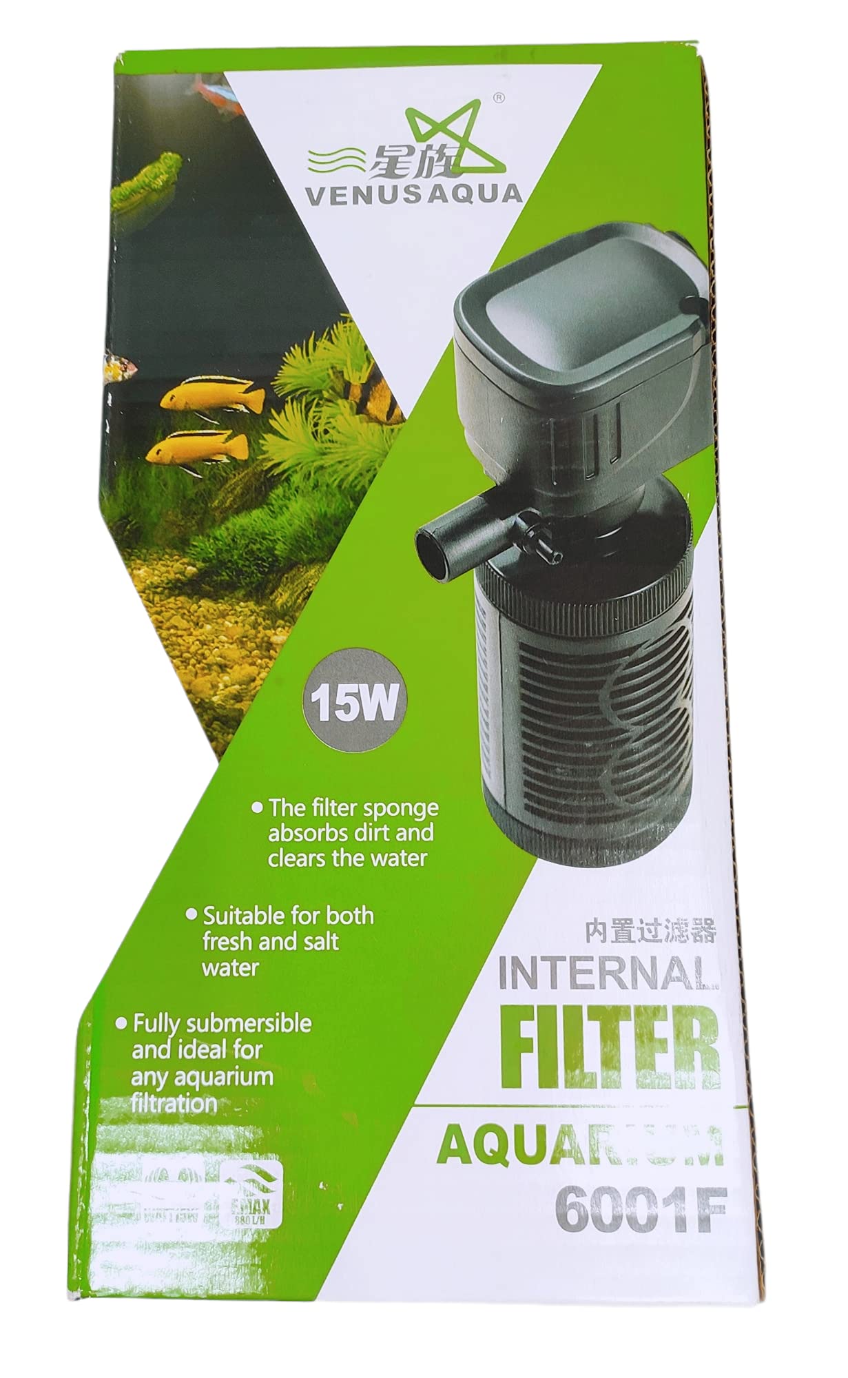 Venus Aqua 6001F | High Power Oxygen Filter System Submersible Aquarium Filter, 15W 880 LPH Internal Power Filtration, Quiet Operation for 60-120L Fish Tanks