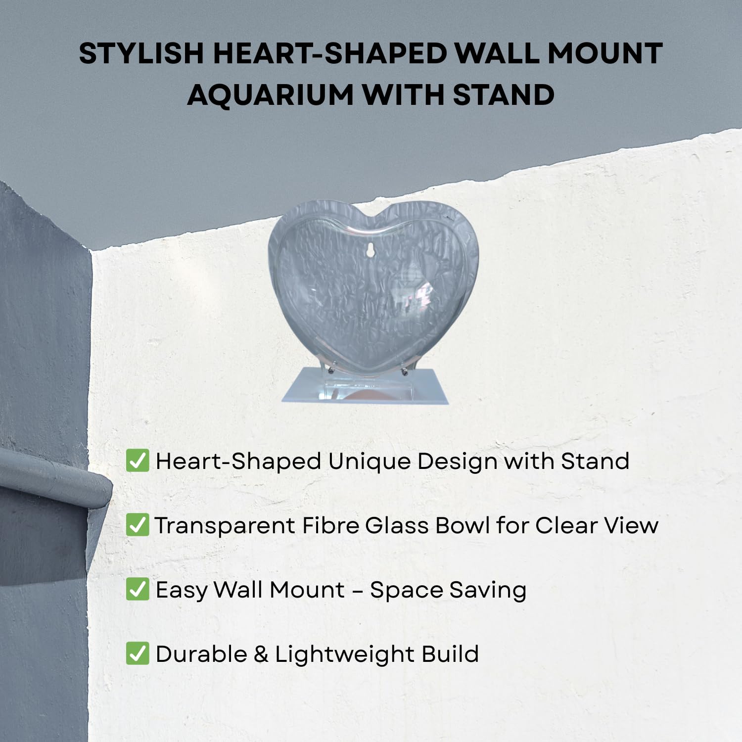 Wall Mount 9-inch Grey Heart Shape Fish Bowl – with Stand | Modern Aquarium for Home, Office & Café Décor | Space Saving Design | Elegant Fish Tank & Plant Terrarium | Compact Design