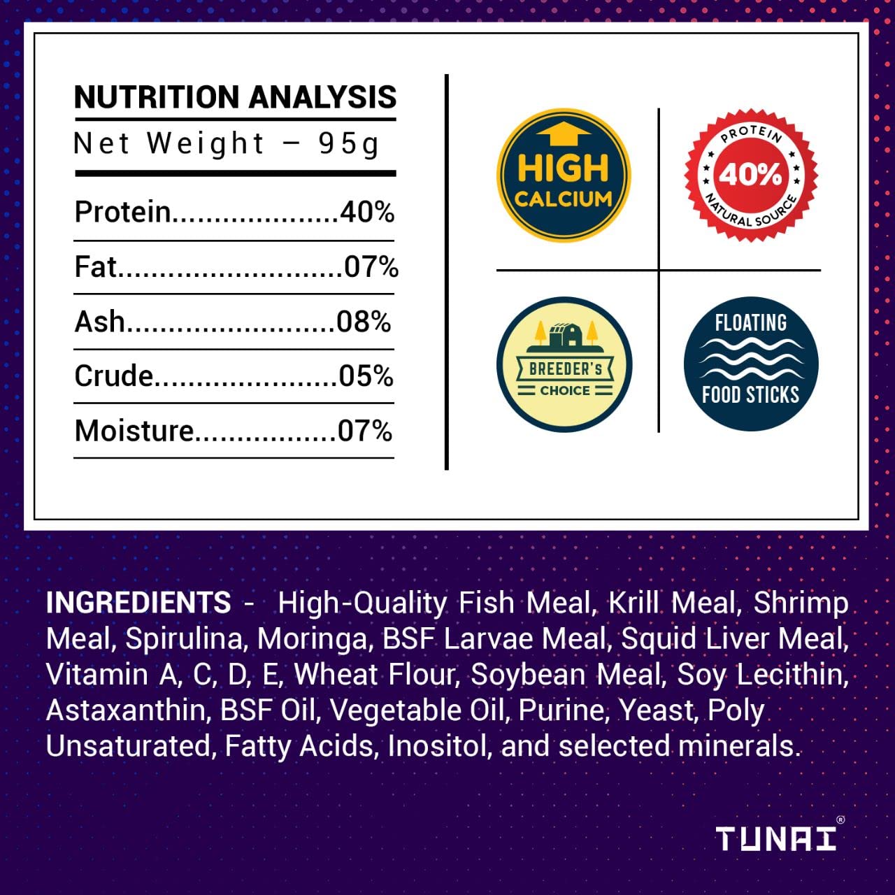 Tunai Arowana Fish Food Sticks |95g| for Baby Arowana, 40% Protein with The Benefits of Moringa, BSF Larvae, Squid Liver and Shrimp, Boost Growth and Vibrant Colors