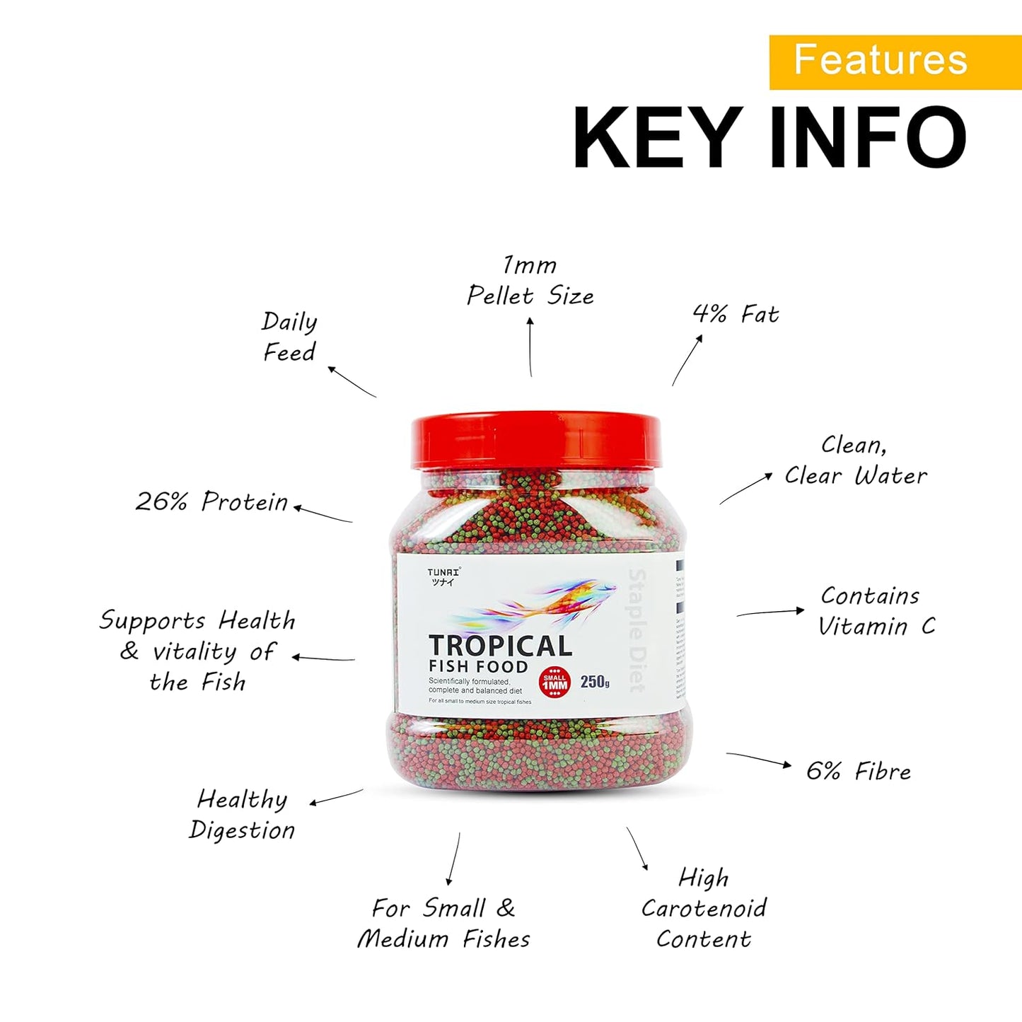 Tunai Tropical Fish Food for Aquarium with 26% Protein |1.2 mm Pellets, 250g|Perfect for Adult Small & Medium Fish