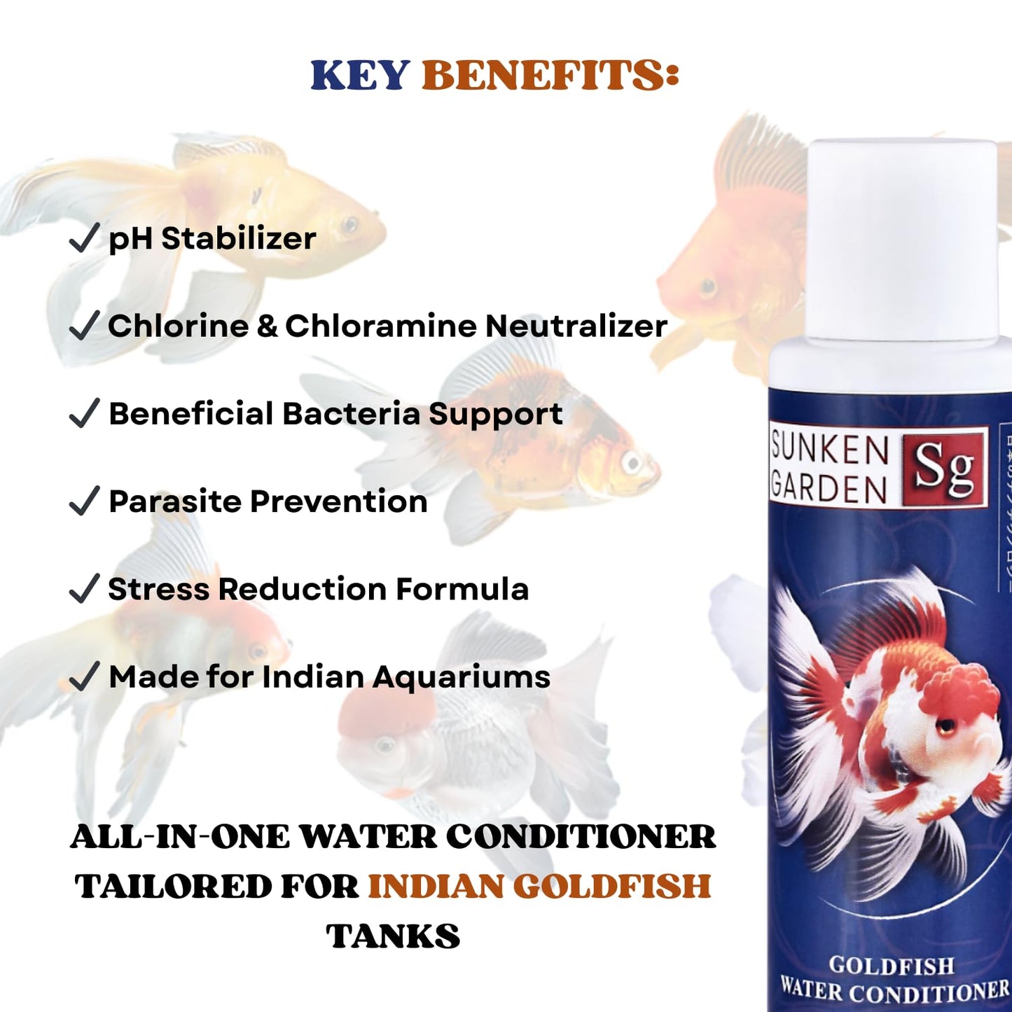 Sunken Garden Goldfish Water Conditioner | pH Stabilizer + Dechlorinator + Parasite Prevention | Made for Indian Tap Water (100 ml)